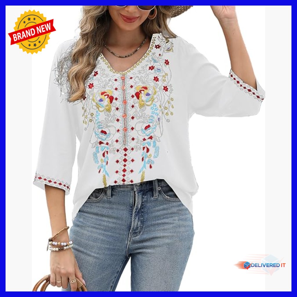 Embroidered 3/4 Sleeve Tunic Blouse Loose Fit Rayon Bohemian Top